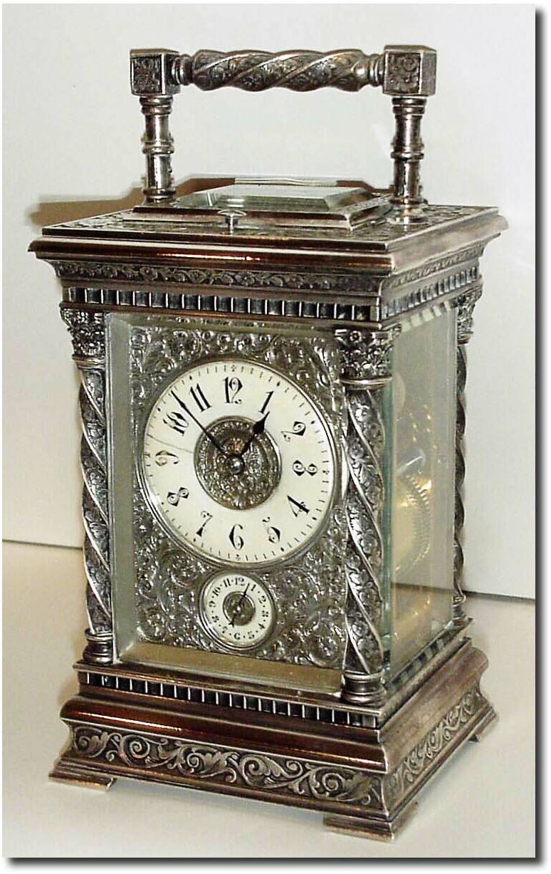 C.1900, French, Silver Plated, Engraved carriage clock with ivory dials, time, strike, repeat and alarm. — Antique Clocks Price Guide