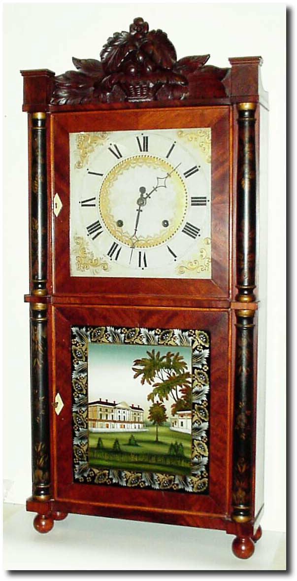 C.1828, Eli Terry and Sons, Plymouth, Conn, Eight Day, double door, stenciled column with carved splat. — Antique Clocks Price Guide