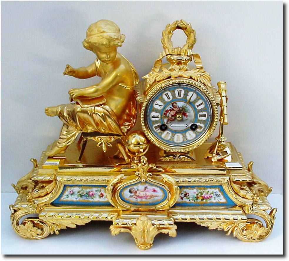 C.1880, French,"The Student' Ormolu Figural Clock, a young boy with a book, globe, telescope and compass, in like new condition. — Antique Clocks Price Guide