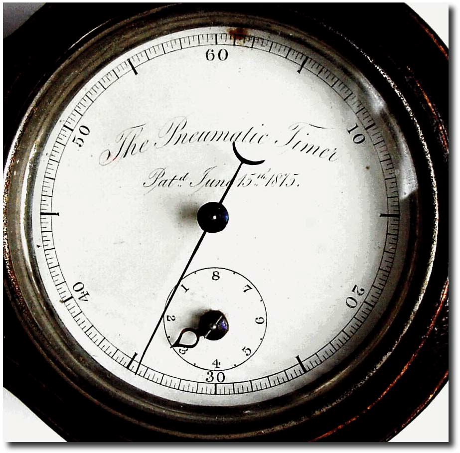 C.1875, T. Mayhew and Co., NY "Pneumatic Timer' A well made 8-hour balance/lever movement, designed to measure the total time of non-vacuum condition, by virtue of a leather bellows that pulls a piece of spring steel into the balance whenever it receives vacuum. — Antique Clocks Price Guide