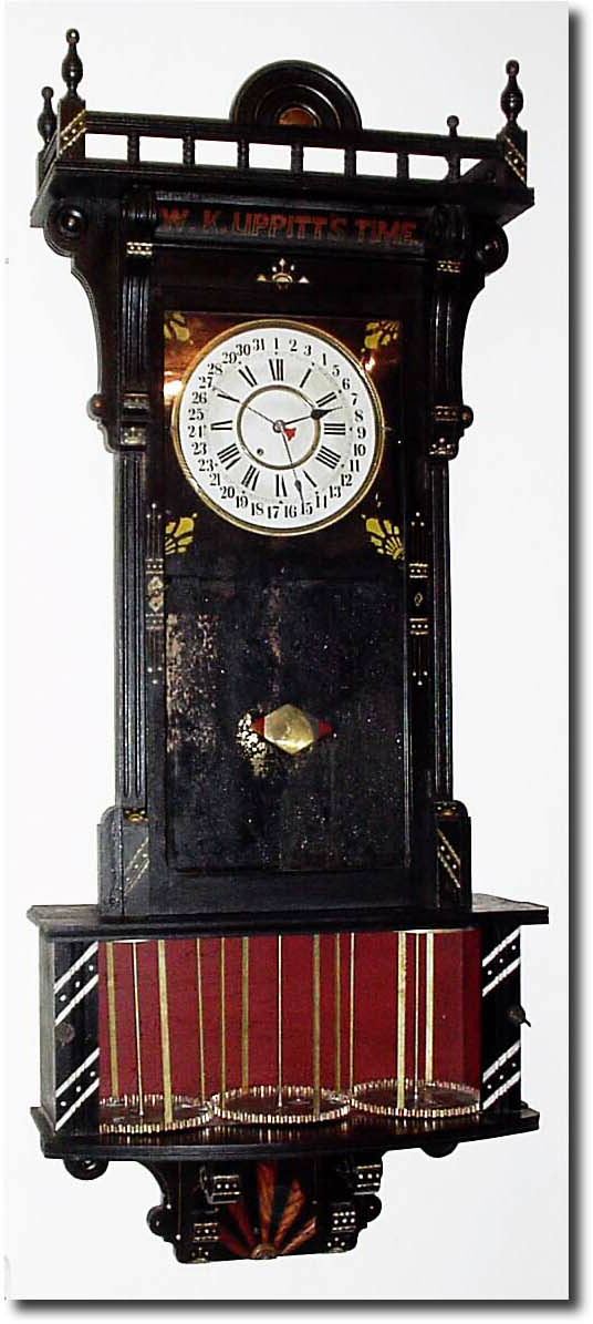C.1885, Sidney Advertising Clock Co., Sidney, New York, wall hanging time and calendar clock with separate movement for rotating the bottom drums every 5 minutes. — Antique Clocks Price Guide