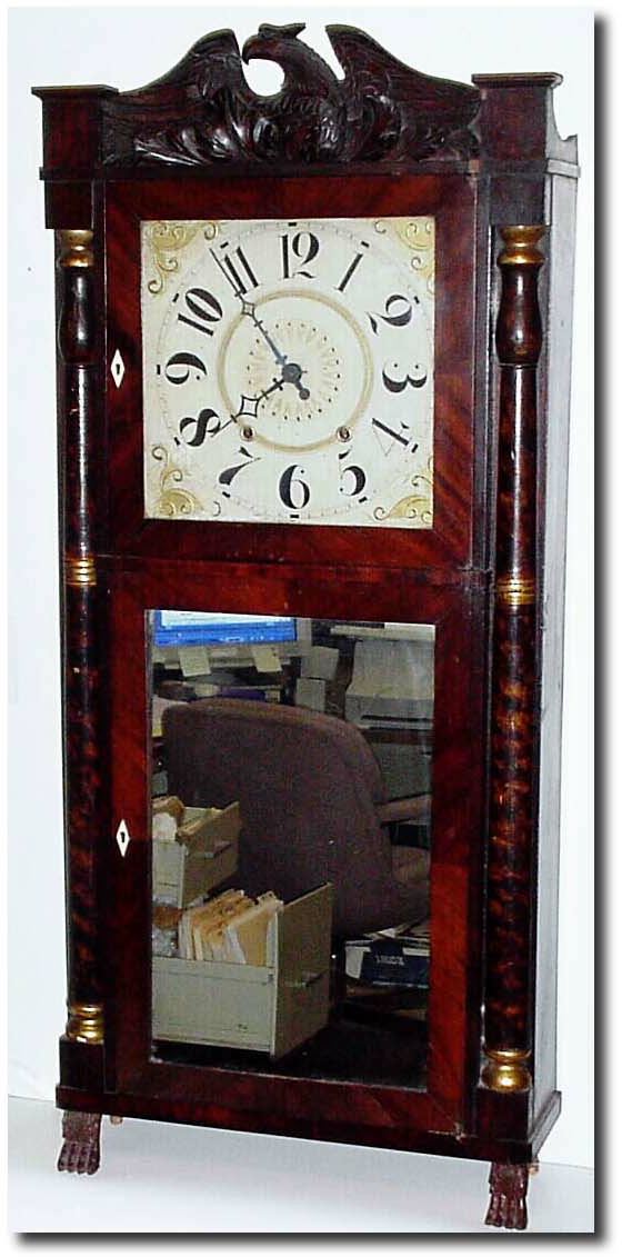 C.1833, George Marsh and Co., Farmington, Conn, a good shell column double deck, 8-day wood works, with fabulous carved eagle splat. — Antique Clocks Price Guide