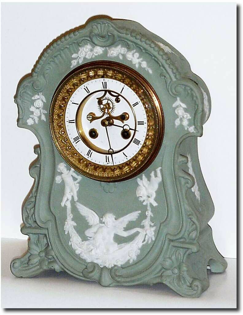C.1910, Wedgewood China Clock (green mist color) with French open escape movement. — Antique Clocks Price Guide