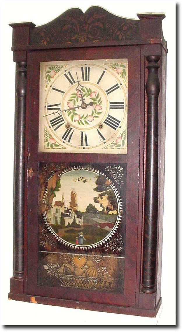 C.1830, John Bacon, Bristol, Conn, 30-Hr, wooden works, stenciled column and splat in original, as-found condition. — Antique Clocks Price Guide