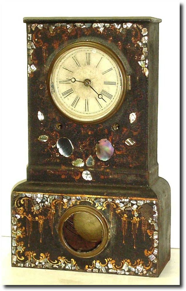 C.1850, Forestville Mfg. (J.C. Brown), iron case shelf clock with gold and mother of pearl trim. — Antique Clocks Price Guide