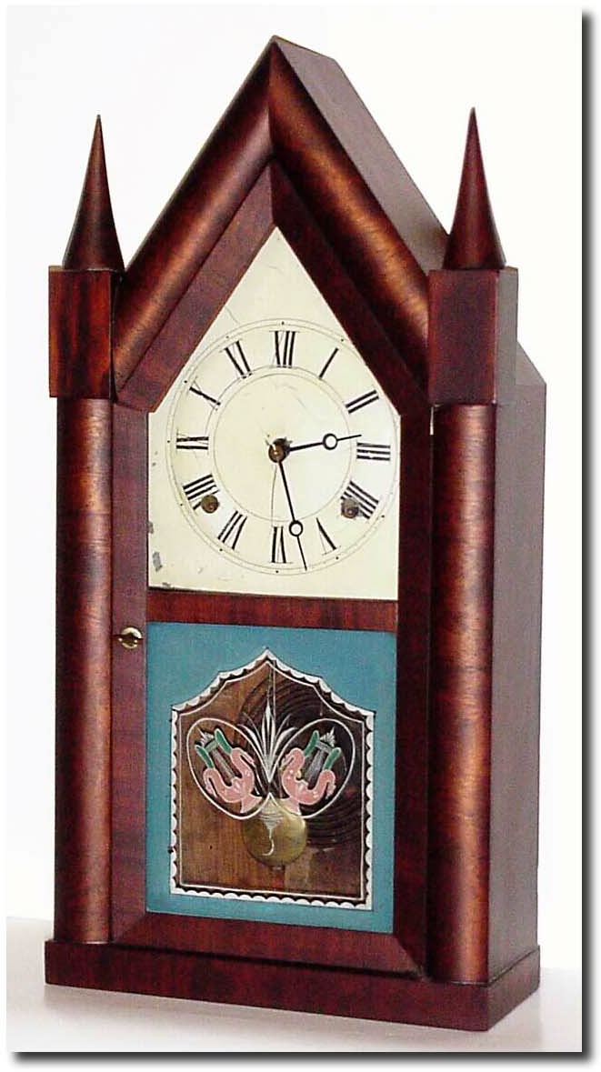 C.1847 (patent date on movement), Chauncey Boardman, 30 hour fusee steeple, time and strike, full size, with restorations. — Antique Clocks Price Guide