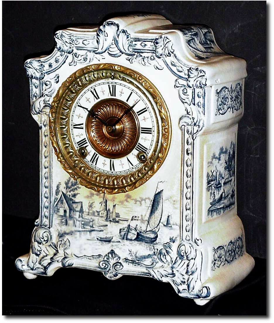 C.1900, Ansonia "Pawnee' Porcelain China clock, blue and white, in good original condition. — Antique Clocks Price Guide