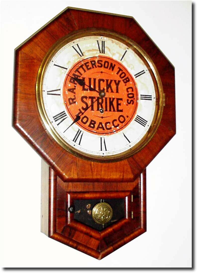 C.1880, Welch Short Drop, for R. A. Patterson Tobacco company, LUCKY STRIKE advertising clock. — Antique Clocks Price Guide