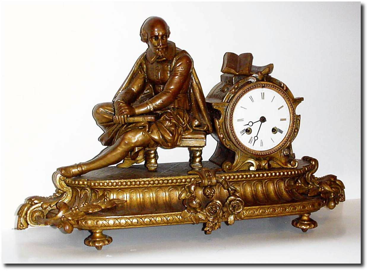 C.1890, French, Bronzed Spelter Figural clock of Shakespeare, in good condition. — Antique Clocks Price Guide