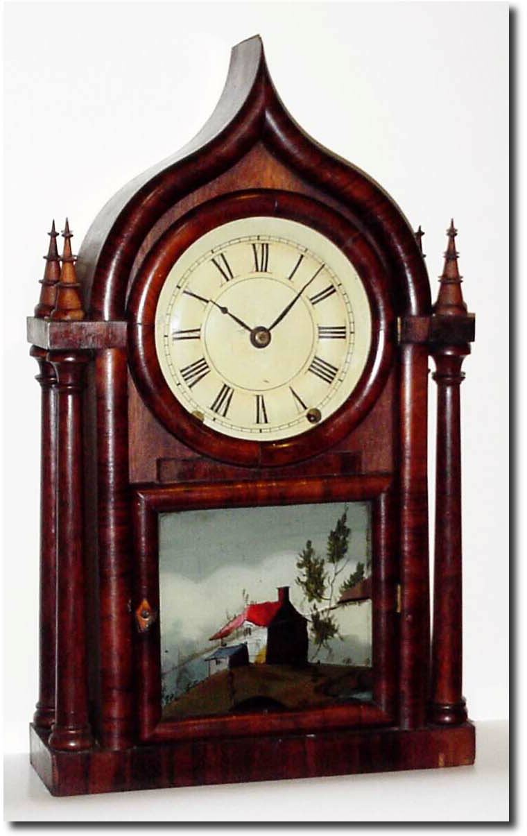 C.1850, Brewster and Ingrahams, 8-day, Brass Spring, Onion top with 4 candle stands and original turned finials intact. — Antique Clocks Price Guide