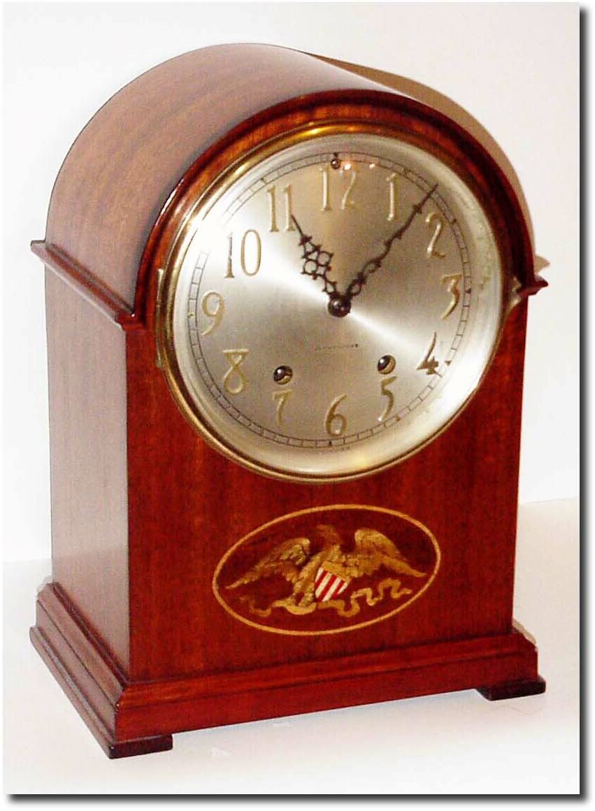 C.1930, Seth Thomas "Severn' Mahogany mantel clock with American eagle and shield inlay in the case. — Antique Clocks Price Guide