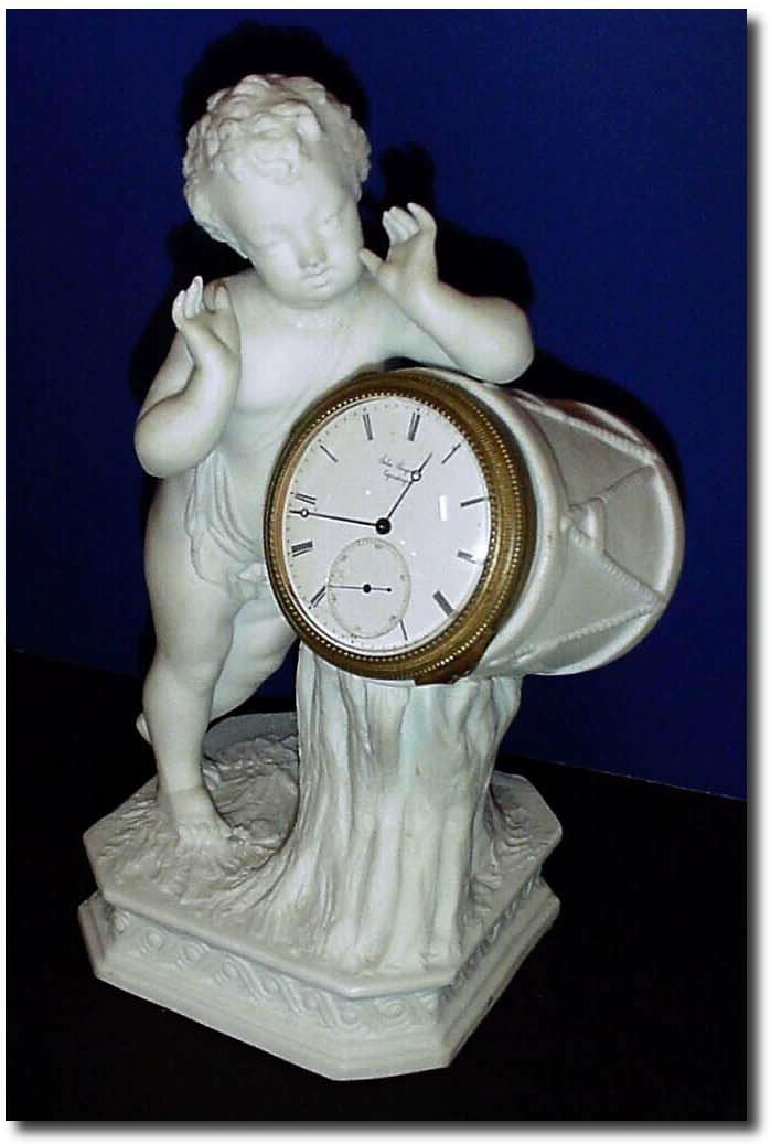 C.1875, Copenhagen, Denmark, Jules Jurgensen, Parien figure of a young boy with his drum, the well jeweled key wind lever movement held in place with a special bezel retained from the rear. — Antique Clocks Price Guide