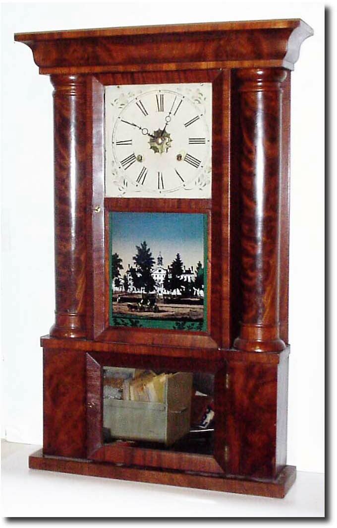 C.1845, Elisha Manross, Bristol, Conn, 30-hour brass, fake hollow column, with narrow weight channels immediately to the sides of the movement. — Antique Clocks Price Guide