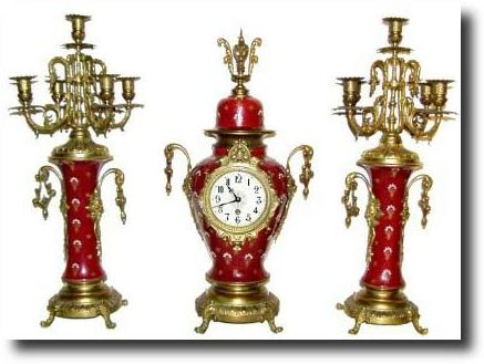C.1900, French Red Porcelain and Bronze Clock Set with matching candelabra. — Antique Clocks Price Guide