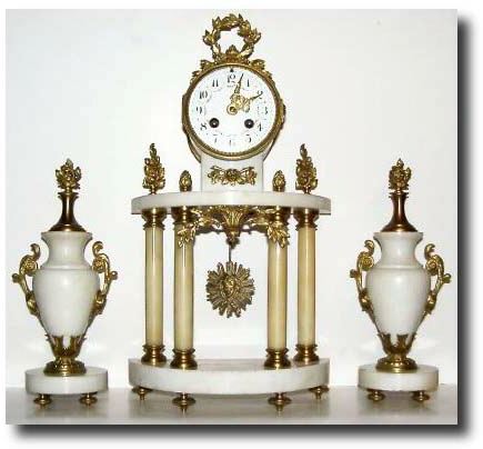 C.1890, French, Portico Mantel Set, White marble and gilt bronze — Antique Clocks Price Guide