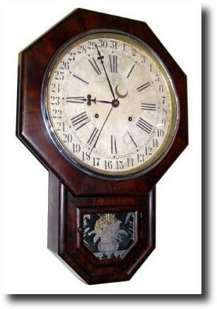 C.1895, Waterbury, 12 Inch Octagon Drop Calendar clock — Antique Clocks Price Guide