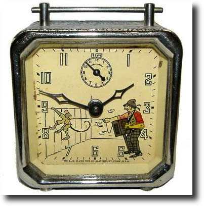 C.1948, Lux Clock Mfg Co., Waterbury, Conn, Organ Grinder and Monkey animated alarm clock, — Antique Clocks Price Guide