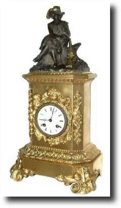C.1850, French, Gilt Spelter with bronze accents, figural clock, hunter motif. — Antique Clocks Price Guide