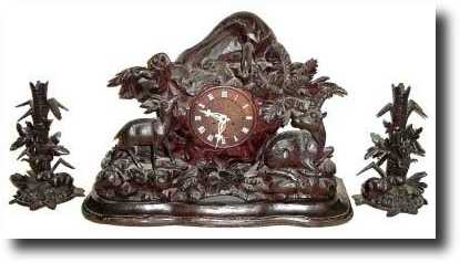 C.1875, Black Forest Carved Garniture Clock Set, — Antique Clocks Price Guide