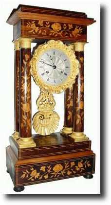 C.1875, French, Inlaid 4 column Empire mantel clock — Antique Clocks Price Guide