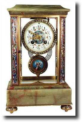 C.1890, French, Cloisonné Enamel over brass, fancy crystal regulator — Antique Clocks Price Guide