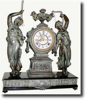 C.1895, Ansonia Clock Co., "Fisher and Hunter" double statue figure clock, — Antique Clocks Price Guide