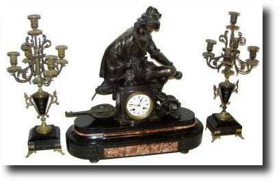 C.1900, French Musician figural clock garniture set, — Antique Clocks Price Guide