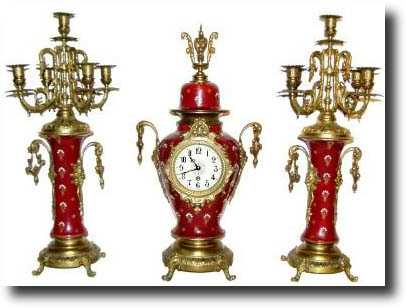 C.1900, French Red Porcelain and Bronze clock garniture set, — Antique Clocks Price Guide