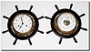 C.1955, German, Schatz, "Royal Mariner' Ship"s Bell clock in ship"s wheel motif, with matching aneroid barometer, and in working order.