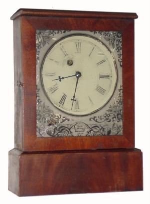 C.1855, Chauncey Jerome, New Haven, early cottage clock with reverse painted tablet, signed "From C. Jerome, New Haven, Conn." — Antique Clocks Price Guide