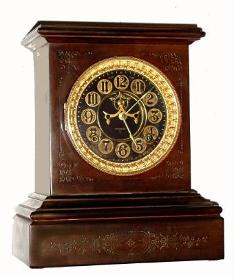 C.1883, Ansonia Clock Co., "Marbleite No. 1" 8-day time/strike hard rubber mantel clock. — Antique Clocks Price Guide