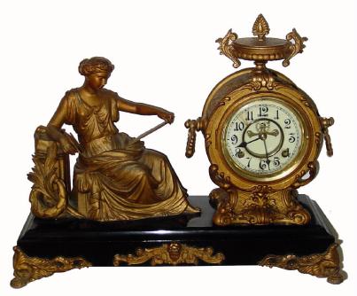 C.1900, New Haven Clock Co., "CLOTHO", figural clock, white metal statue on iron base, 8-day time and strike. — Antique Clocks Price Guide