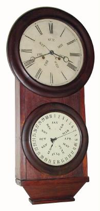 C.1865, L.F. and W.W. Carter, double dial calendar, with BB Lewis perpetual lower movement, 8-day, 2-weight. — Antique Clocks Price Guide