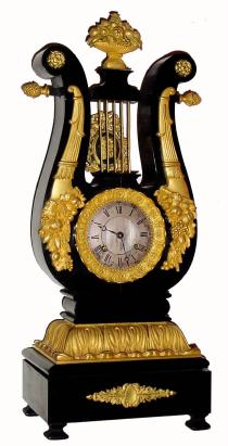 C.1875, French, lyre-form mantel clock, wood with gilt mountings, 8-day time and bell strike. — Antique Clocks Price Guide