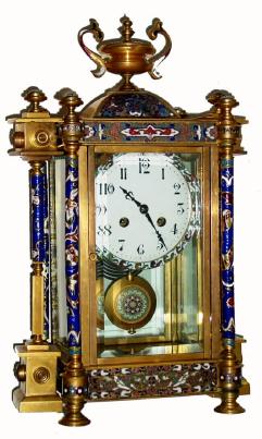 C.2000, From China, a complex brass and glass case, with profuse enamel work on 6 upright columns, with an Old French movement and pendulum, C.1900. — Antique Clocks Price Guide