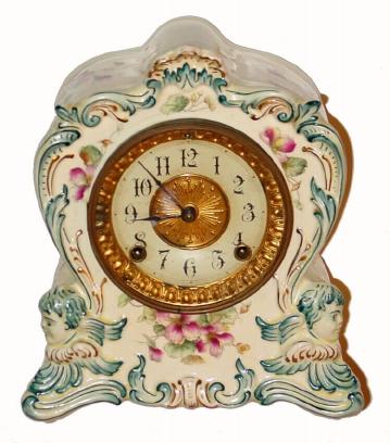 C.1901, Ansonia Clock Co., "Tuxedo", 8-day time/strike porcelain mantel clock. — Antique Clocks Price Guide