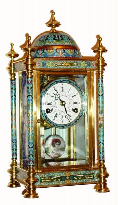C.1998, Chinese, Crystal Regulator, with porcelain enamel decorations, and portrait panels either side. — Antique Clocks Price Guide