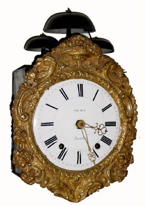 C.1865, French, Morbier Quarter Strike wall clock movement, 2-train, less weights and pendulum, retailed by Felipe Hect of Puerto Rico (on dial). — Antique Clocks Price Guide