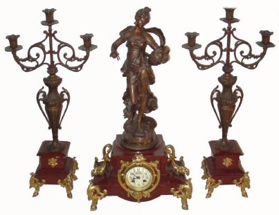 C.1890, French, La Ceramique, patinated spelter and marble 3- piece mantel clock set. — Antique Clocks Price Guide