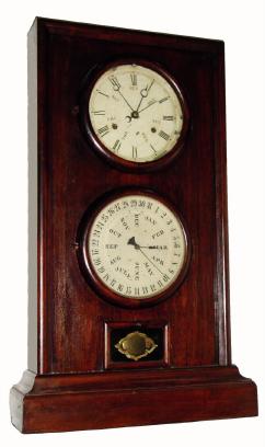 C.1860, B. B. Lewis for L.F. and W.W. Carter, 8-day time/strike weight calendar clock. — Antique Clocks Price Guide