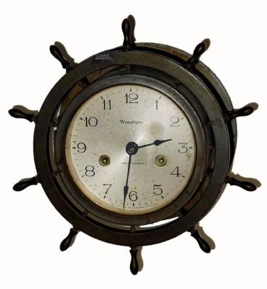 C.1929, Waterbury Clock Co., Ship's Bell No. 10, 8-day time/strike ship's bell clock, wit hinged, button latch bezel. — Antique Clocks Price Guide