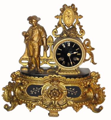 C.1890, French, Gold Painted Spelter figural clock, a young man with a shovel in his right hand and a bouquet of flowers in his left hand. — Antique Clocks Price Guide