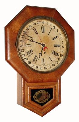 C.1906 Ansonia Clock Co., "12-inch drop octagon", 8-day time and calendar, oak case. — Antique Clocks Price Guide