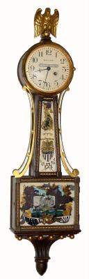 C.1928 Waltham Clock Co., "No. 1550", 8-day miniature banjo timepiece, with brass rope front and ball+bracket base. — Antique Clocks Price Guide