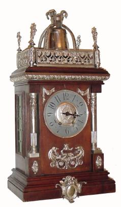 C.1890, French, Architectural Table Clock, with nickeled brass trim and a large bell at top, walnut case. — Antique Clocks Price Guide