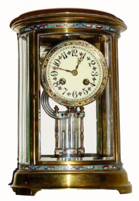 C.1900, French, Samuel Marti, 4-glass OVAL crystal regulator with cloisonne trim in bands around the top and bottom, in the dial surround and on the frame of the mercury pendulum. — Antique Clocks Price Guide