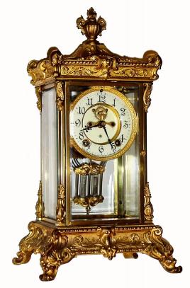 C.1915, Ansonia, ELYSIAN, brass and glass crystal regulator, 8-day, Gong strike. — Antique Clocks Price Guide