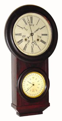 C.1865, L. F. and W. W. Carter, Double Dial calendar clock in rosewood, 8-day time and gong strike, spring mov't. — Antique Clocks Price Guide