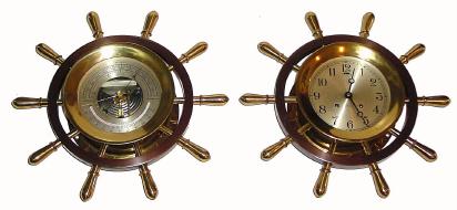 C.1947, Chelsea Clock Co., Yacht Wheel Set,, 6 inch dials, Ship's Bell clock and matching barometer in brass and bronze finish. — Antique Clocks Price Guide