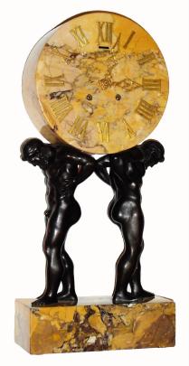 C.1925, Attributed to Sterling Bronze Co., New York, bronze and marble striking mantle cock, two nude bronze men [Atlas] holding the tan marble clock on their shoulders. — Antique Clocks Price Guide